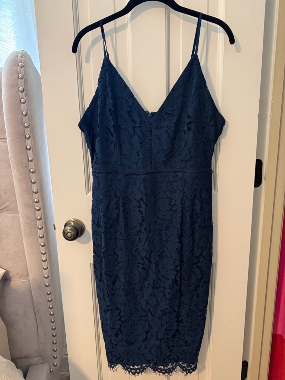 Astr Navy Lace Midi Dress with Spaghetti Straps